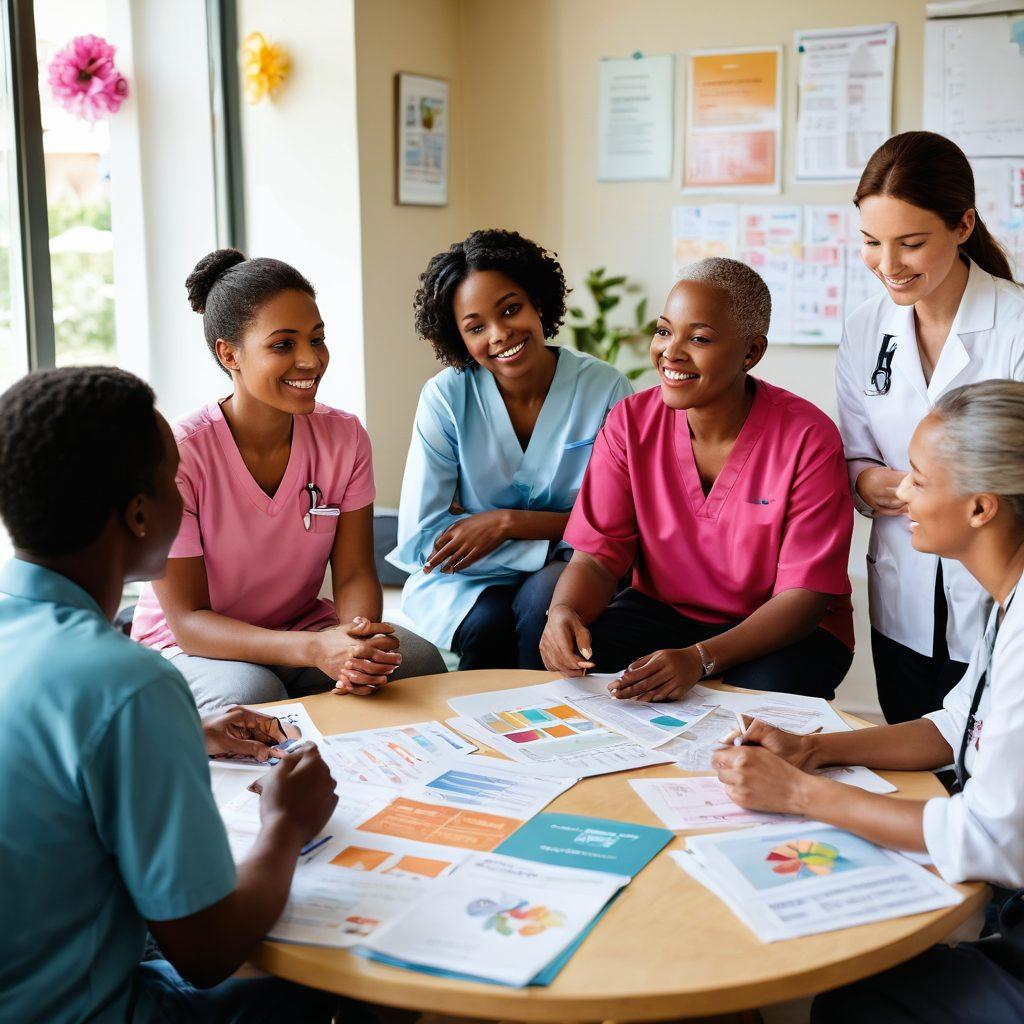 A compassionate scene depicting a diverse group of patients and advocates in a bright, supportive environment, surrounded by educational materials on cancer awareness. The individuals are engaged in discussion, with visual aids like charts and infographics around them. Include symbols of hope, like ribbons and blossoms symbolizing resilience. Soft, uplifting color palette emphasizing warmth and encouragement. super-realistic. vibrant colors. airy background.